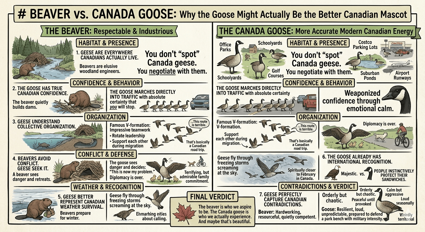 Infographic comparing the Canada goose and the beaver as Canadian symbols